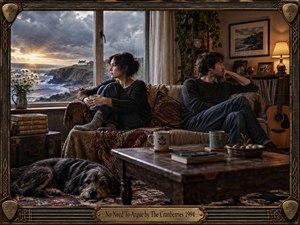 A tense couple sits apart in a warmly furnished coastal living room, their silence contrasting with storm clouds and glowing sunset beyond the rain-streaked window. Dark knits, weathered wood, patterned textiles, muted earth tones, and soft amber lamplight create an intimate, melancholic realism, framed by ornate Celtic-inspired metalwork and musical details.