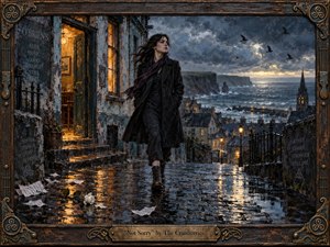 A solitary woman strides through a rain-soaked coastal village beneath a turbulent slate-blue sky, her dark coat and windswept hair conveying defiance and resolve. Warm pub windows and streetlamps contrast with the cold sea and stone streets. Painterly textures, scattered papers, distant cliffs, and an ornate weathered frame deepen the brooding atmosphere.