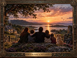 A family sits closely together on a rocky hillside overlooking a glowing lake at sunset, framed by rugged Irish countryside and a warmly lit cottage. Golden-orange light, deep greens, and purple heather create a nostalgic, tender mood. An ornate Celtic-inspired frame and engraved title plate reinforce the handcrafted, reflective atmosphere.