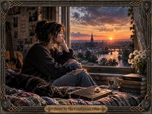 A young woman sits thoughtfully beside an open window at sunset, overlooking a river city glowing in amber light. Warm golds contrast with deep charcoal shadows, while a sleeping black cat, guitar, flowers, books, quilt, and journal enrich the intimate scene. An ornate Celtic-inspired metal frame completes the nostalgic, handcrafted composition.