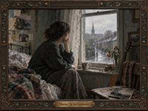A solitary woman sits beside a rain-streaked window, gazing across a quiet street toward a distant church spire. Muted blue-gray, brown, and mossy tones create a wistful Sunday mood, softened by overcast light. Textured painterly surfaces, wilted flowers, a guitar, old photographs, and an ornate Celtic-inspired frame deepen the sense of memory and longing.