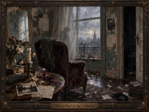 A worn velvet chair faces a rain-streaked window in a decaying room, where wilted flowers, spilled wine, scattered papers, and cracked reflections suggest loves aftermath. Cool grays and muted burgundy dominate the palette, while pale dusk light and richly textured mixed-media surfaces create a haunting, intimate, and melancholic atmosphere.