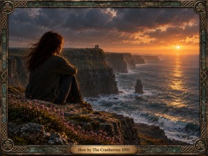 A solitary woman sits on a windswept Irish cliff above a restless sea, gazing toward a fiery sunset beneath brooding storm clouds. Warm gold light contrasts with slate-blue water and dark stone, creating a mood of longing and reflection. A detailed Celtic frame, coastal flowers, distant ruins, and textured realism deepen the atmosphere.