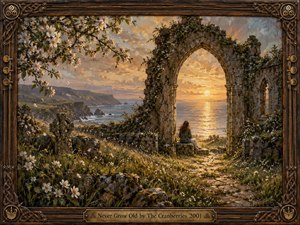 A solitary figure rests beside a weathered coastal ruin, gazing through a Gothic stone arch toward a glowing sunset over the sea. Golden light warms mossy stone, wild grasses, and white blossoms beneath a richly textured painterly surface. An ornate Celtic wood-and-brass frame enhances the timeless, wistful atmosphere.