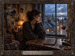 A solitary woman sits beside a rain-streaked window, gazing over a dim coastal town at dusk. Cool blue-gray streets and rooftops contrast with warm amber lamplight inside. A wilted rose, old photographs, guitar, books, and weathered wood deepen the melancholy, rendered in richly textured oil-and-encaustic style.