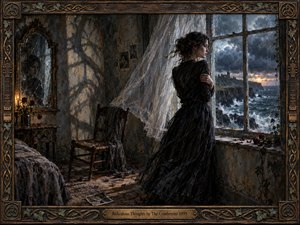 A solitary dark-haired woman stands beside a rain-lashed window overlooking a stormy coast, her reflection fractured in an aged mirror. Cool blue-grey light contrasts with warm amber shadows across peeling walls, scattered petals, and worn furniture. Rich oil-paint textures, windswept curtains, and ornate Celtic framing create a haunting, introspective atmosphere.