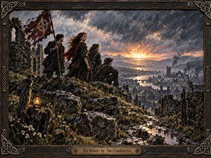 A small band of determined rebels stands on a rocky hill above a battered riverside town, watching a fiery sunset break through storm clouds. Muddy paths, ruined stonework, a torn crimson banner, and a glowing lantern enrich the scene. Rendered as a textured, dramatic oil painting, the image feels epic, mournful, and resolutely hopeful.