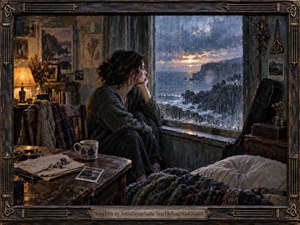 A solitary woman sits beside a rain-streaked window, gazing across a stormy coastal village at dusk. The intimate room glows with warm amber lamplight against cool blue-gray seas and skies. Rich oil-and-encaustic textures, worn furnishings, scattered keepsakes, heavy textiles, and an ornate Celtic-inspired frame deepen the mood of longing.