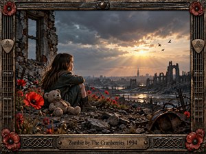 A solitary girl sits amid shattered ruins beside a worn teddy bear, overlooking a devastated city beneath storm-dark clouds and a glowing sunset. Red poppies pierce the rubble, adding fragile hope to the somber gray-brown palette. Dramatic golden light, gritty textures, and an ornate weathered metal frame create a haunting, cinematic memorial atmosphere.