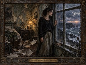 A solitary woman stands beside a rain-streaked window in a decaying coastal room, gazing toward stormy cliffs and restless sea. Warm amber lamplight contrasts with cold blue-gray twilight, while scattered papers, thorny vines, and a fallen chair deepen the anxious mood. Textured oil-and-charcoal styling and an ornate weathered frame heighten the brooding atmosphere.