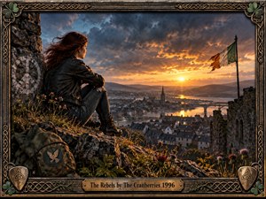 A solitary young woman in a worn leather jacket overlooks a river city at sunset, framed by rugged stone ruins and a weathered Irish flag. Golden light breaks through stormy blue-gray clouds, creating a reflective, defiant mood. Intricate Celtic metalwork, shamrocks, thistles, and a dove-marked backpack enrich the handcrafted, cinematic composition.
