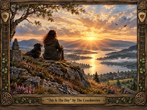A woman and her black dog sit on a rocky hillside overlooking a glowing lake valley at sunset. Warm gold light breaks through dramatic clouds, illuminating distant mountains, mist, wildflowers, and a village below. The richly detailed scene is framed with carved wood, Celtic motifs, vines, and aged brass accents.