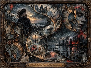 A solitary woman overlooks a storm-darkened sea as an elegant S-curve of glowing memory bubbles winds through ruined architecture, barren trees, and industrial horizons. Charcoal, slate blue, tarnished bronze, and ember red create a brooding palette, while fractured clock imagery, weathered textures, and an ornate frame evoke time, decay, and urgency.