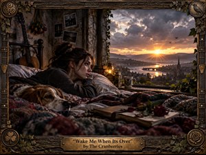 A weary woman rests beside her sleeping dog in a shadowed stone bedroom, gazing toward a radiant sunrise over a misty river town. Warm amber light contrasts with deep charcoal fabrics, weathered textures, ivy, photographs, flowers, and a guitar, creating a cinematic, melancholic scene framed by ornate Celtic metalwork.