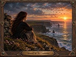 A solitary woman sits on a windswept coastal cliff, gazing toward a glowing sunset over a restless sea. Warm amber light contrasts with deep stormy blues, creating a mood of longing and reflection. Painterly realism, rugged rocks, wildflowers, distant birds, Celtic detailing, and an ornate bronze-and-wood frame enrich the scene.