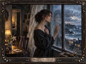 A young woman stands beside a rain-streaked window overlooking a stormy coastal town, wrapped in a dark textured shawl. Warm lamplight glows behind her, contrasting with cool blue-gray seas and clouds outside. The richly painted scene feels wistful and intimate, framed with ornate bronze, floral, and musical details.
