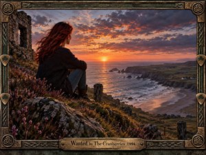A red-haired woman sits on a windswept coastal cliff, gazing across a glowing sunset sea toward rugged headlands and distant cottages. Warm orange light contrasts with violet clouds, dark rocks, and purple wildflowers, creating a wistful, reflective mood. A richly weathered Celtic-style bronze frame and engraved title plate complete the handcrafted composition.