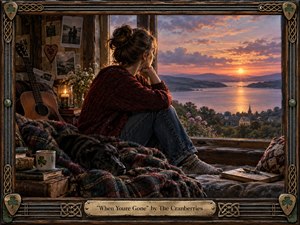 A solitary woman sits by a rustic window overlooking a glowing lake and distant village at sunset, accompanied by a sleeping black dog. Warm candlelight, deep burgundy textiles, an acoustic guitar, photographs, flowers, and weathered wood create a tender, nostalgic mood, framed with Celtic-inspired metalwork and aged craftsmanship.