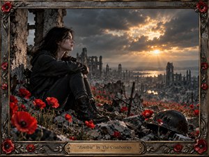 A solitary young woman sits among war-shattered ruins overlooking a devastated city at sunset. Red poppies bloom through gray rubble, contrasting grief with fragile hope, while a battered helmet lies nearby. Dramatic golden light breaks through storm clouds, framed by ornate weathered metalwork, creating a somber, cinematic, photorealistic memorial atmosphere. SongData_Zombie_TheCranberries_1994