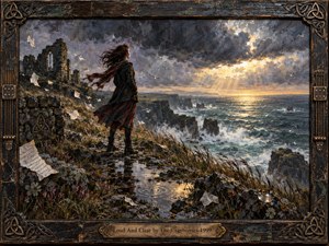 A solitary woman stands on a windswept coastal cliff, facing turbulent seas beneath storm clouds breaking into golden light. Ruined stonework, flying papers, wet rocks, and rippling puddles deepen the mood of defiance and release. Rich oil-and-wax textures, slate blues, dark greens, and warm amber highlights create a dramatic, handcrafted atmosphere.