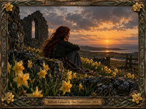 A solitary woman sits among blooming yellow daffodils on a rugged coastal hillside, gazing toward a glowing sunset over distant islands and water. Ruined stone arches, moss-covered rocks, and weathered fencing deepen the atmosphere. Rich amber light contrasts with cool shadows, while the ornate Celtic-inspired bronze frame and engraved plaque reinforce the nostalgic, handcrafted aesthetic.