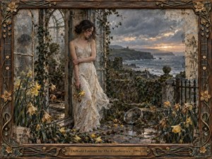 A solitary woman in a weathered ivory dress stands among fading daffodils beside a ruined coastal conservatory, overlooking a stormy sea. Muted grays, mossy greens, and soft golds create a mournful, reflective mood. Painterly textures, wet stone, broken glass, ivy, and sunset light deepen the sense of memory, loss, and fragile hope.