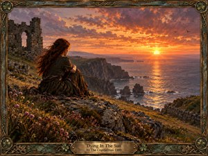 A red-haired woman sits quietly on a flower-covered coastal cliff beside crumbling stone ruins, gazing toward a blazing sunset over the sea. Warm orange, gold, violet, and deep green tones create a wistful, reflective mood. Rich painterly textures, dramatic clouds, glowing water, Celtic ornamentation, and an aged bronze frame enhance the handcrafted, timeless atmosphere.