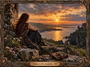 A contemplative woman sits among wildflowers on rugged coastal ruins, gazing across a glowing Atlantic inlet toward distant hills and a weathered castle. A fiery sunset bathes the landscape in amber, copper, and deep green. Richly textured, cinematic realism blends with handcrafted Celtic ornament, while moss, stone, and an aged journal add intimacy and symbolism.