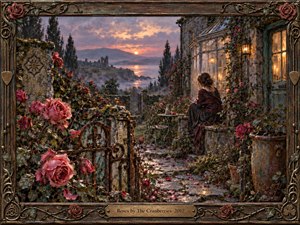 A solitary woman sits beside a weathered stone cottage overlooking a misty coastal sunset, surrounded by lush roses, fallen petals, and rusted garden ironwork. Warm golden window light contrasts with dusky pink, burgundy, moss green, and violet tones. Rich oil-paint textures, ornate framing, distant ruins, and wet stone paths create a tender, nostalgic melancholy.