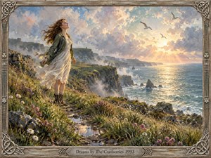 A windswept young woman stands on a flowered coastal cliff, gazing upward as golden dawn breaks across the sea. Mist softens distant headlands while gulls cross luminous clouds. Pearly blues, fresh greens, pale gold, and rose tones glow through textured, painterly brushwork, framed by intricate Celtic-inspired wood and metal.