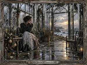 A dark-haired woman sits curled in a weathered glass conservatory beside a stormy coast, surrounded by melting icicles, wilted roses, old books, and reflective puddles. Cold blue-gray tones and soft gold sunset light create a wistful, thawing mood, while the ornate Celtic frame and engraved title plate deepen the artworks handcrafted, melancholic elegance.