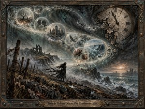 A lone windswept figure stands on a battered coastal landscape as a luminous S-curve of translucent memory bubbles sweeps toward a shattered clock. Ruined architecture, dead flowers, stormy seas, and fading horizons create urgency and melancholy. Cold teal, gray, bronze, and ivory tones glow through richly textured, handcrafted mixed-media detail.