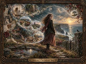 A windswept young woman stands above rugged sea cliffs at sunset, surrounded by translucent memory bubbles holding childhood scenes, flowers, ruins, books, and distant landscapes. Muted blue-green, gold, burgundy, and moss tones create a wistful mood, while glowing clouds, reflective water, layered textures, and an ornate Celtic frame deepen the handcrafted, nostalgic atmosphere.