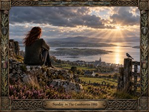 A solitary red-haired woman sits on a mossy stone wall overlooking a quiet coastal village and shimmering estuary. Golden sunlight breaks through heavy gray clouds, casting dramatic rays across green hills and water. The realistic, painterly scene feels reflective and wistful, framed by weathered Celtic metalwork, thistles, and intricate knot patterns.