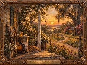 A warmly textured Southern porch overlooks a winding country path at golden sunset, glowing in amber, cream, muted green, and dusty rose. An acoustic guitar, quilt, honey jar, sleeping dog, white blossoms, and moss-draped trees create a tender, nostalgic mood. Painterly detail and an ornate carved frame deepen the handcrafted atmosphere.
