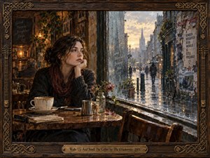 A contemplative woman sits beside a rain-streaked cafe window at dawn, surrounded by warm amber light, worn wood, flowers, and coffee. Outside, a cool blue-gray Dublin street glistens beneath clearing skies. Rich oil-and-encaustic textures, reflective pavement, distant figures, and an ornate Celtic-inspired frame create a wistful mood of awakening and resilience.