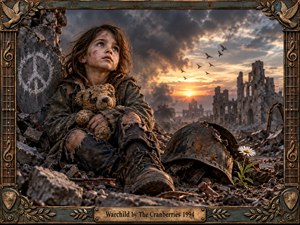 A war-torn city unfolds beneath a dramatic sunset, where a dust-covered child embraces a battered teddy bear amid shattered stone and twisted metal. A rusted helmet and solitary daisy symbolize loss and fragile hope. Warm golden light contrasts with smoky gray ruins, while an ornate, weathered musical frame gives the scene a handcrafted, commemorative character.