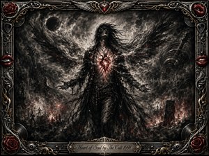 A windswept figure stands amid a stormy charcoal dreamscape, arms open as a glowing red heart burns from the chest. Smoky wing forms, guitars, flames, and distant stage silhouettes surround the figure. Deep blacks, silver grays, and crimson accents create dramatic contrast, framed by ornate gothic metalwork, roses, lips, and musical details.