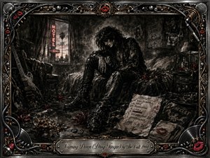 A weary rocker slumps on a rumpled motel bed amid wilted roses, scattered set lists, guitar picks, and spilled whiskey. Deep charcoal textures, smoky shadows, muted crimson accents, and cold metallic highlights create a haunted nocturnal mood. An ornate chrome-and-gold musical frame surrounds the scene, finished with an engraved title plate.