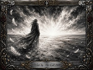 A solitary, windblown figure stands on a vast charcoal-gray plain, facing an explosive white horizon beneath turbulent storm clouds. Drifting feathers and sweeping textures create a haunting sense of transformation and release. An ornate chrome-and-gold musical frame, accented with dark roses and intricate filigree, surrounds the dramatic monochrome composition.