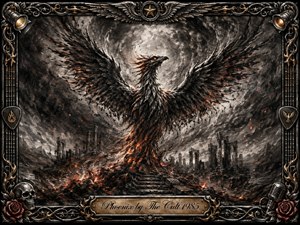 A majestic charcoal phoenix rises from smoldering ruins beneath a turbulent, smoke-filled sky, its vast wings streaked with glowing ember-red highlights. Dramatic monochrome textures, fiery sparks, and ancient columns create a dark, triumphant mood. An ornate chrome-and-gold rock-inspired frame surrounds the scene, finished with roses, skulls, musical details, and an engraved title plate.