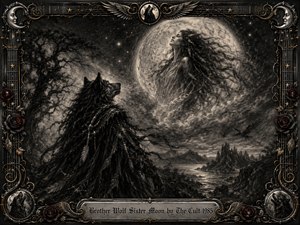 A shadowy wolf spirit gazes toward an ethereal woman rising within a luminous full moon above a rugged nocturnal landscape. Deep charcoal textures, smoky clouds, twisted trees, distant water, and scattered stars create a mystical gothic mood. An ornate metallic frame of roses, wings, guitar strings, and gold accents completes the dramatic composition.