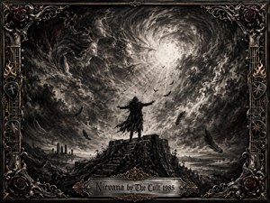 A lone dark-clad figure stands with outstretched arms atop a rocky ruin beneath a turbulent charcoal sky, facing a brilliant swirling light. Ghostly faces, drifting feathers, and circling birds intensify the mystical mood. Smoky blacks, silvery grays, and crimson accents complement an ornate gothic frame of roses, gold filigree, flames, and guitar motifs.