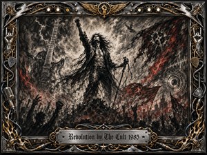 A defiant long-haired figure rises above a shadowy crowd, fist raised beneath storm clouds, lightning, torn banners, and spectral guitar forms. Deep charcoal blacks, smoky grays, and crimson accents create an urgent rebellious mood. Dramatic backlighting, feathered textures, metallic ornament, and an engraved rock-inspired frame intensify the powerful revolutionary atmosphere.