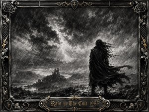 A solitary, windblown figure stands on a rain-lashed moor beneath turbulent charcoal clouds and branching lightning. Distant ruins rise through mist, creating a brooding gothic atmosphere. Deep blacks, smoky grays, and silver highlights emphasize the dramatic lighting, while an ornate metal frame with roses, gold accents, and guitar-inspired details completes the composition.