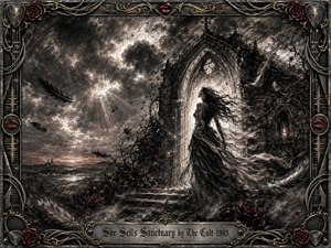 A windblown woman stands before a ruined Gothic sanctuary, illuminated by radiant light breaking through storm-dark clouds. Deep charcoal textures, smoky grays, black feathers, thorny roses, and restrained crimson accents create a mystical, romantic mood. An ornate metallic frame with gold filigree, guitar strings, and rock-inspired details surrounds the scene.