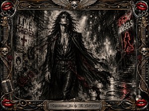 A brooding, long-haired figure strides through a rain-slicked nocturnal alley filled with smoke, torn posters, glowing crosses, and red neon. Deep charcoal textures dominate the dramatic composition, accented by crimson roses and metallic highlights. An ornate rock-inspired frame of skulls, wings, guitars, cables, lips, and gold filigree completes the gothic atmosphere.