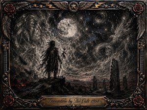 A lone shamanic figure stands on a rocky rise beneath a luminous full moon, surrounded by swirling spirits, feathers, wolves, birds, and ancient standing stones. Deep charcoal textures, smoky grays, faint indigo, and ember red create a mystical nocturnal mood, enclosed by an ornate metallic rock-inspired frame with roses, stars, wings, and engraved title plate.