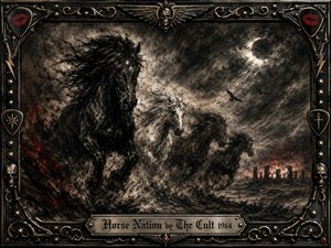 Wild horses thunder across a storm-darkened landscape beneath a glowing crescent moon, their flowing manes and smoky forms rendered in richly feathered charcoal. Black, gray, silver, and ember-red tones create a primal, mystical intensity. An ornate gothic metal frame with skulls, lips, studs, and gold details surrounds the dramatic scene.