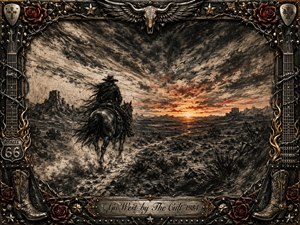 A lone rider crosses a stark western desert toward a glowing sunset, surrounded by windswept mesas, scrub, birds, and turbulent skies. Deep charcoal textures create a brooding, cinematic mood, warmed by burnt orange light. An ornate rock-and-western frame of guitars, roses, metal, boots, and Route 66 details completes the composition.